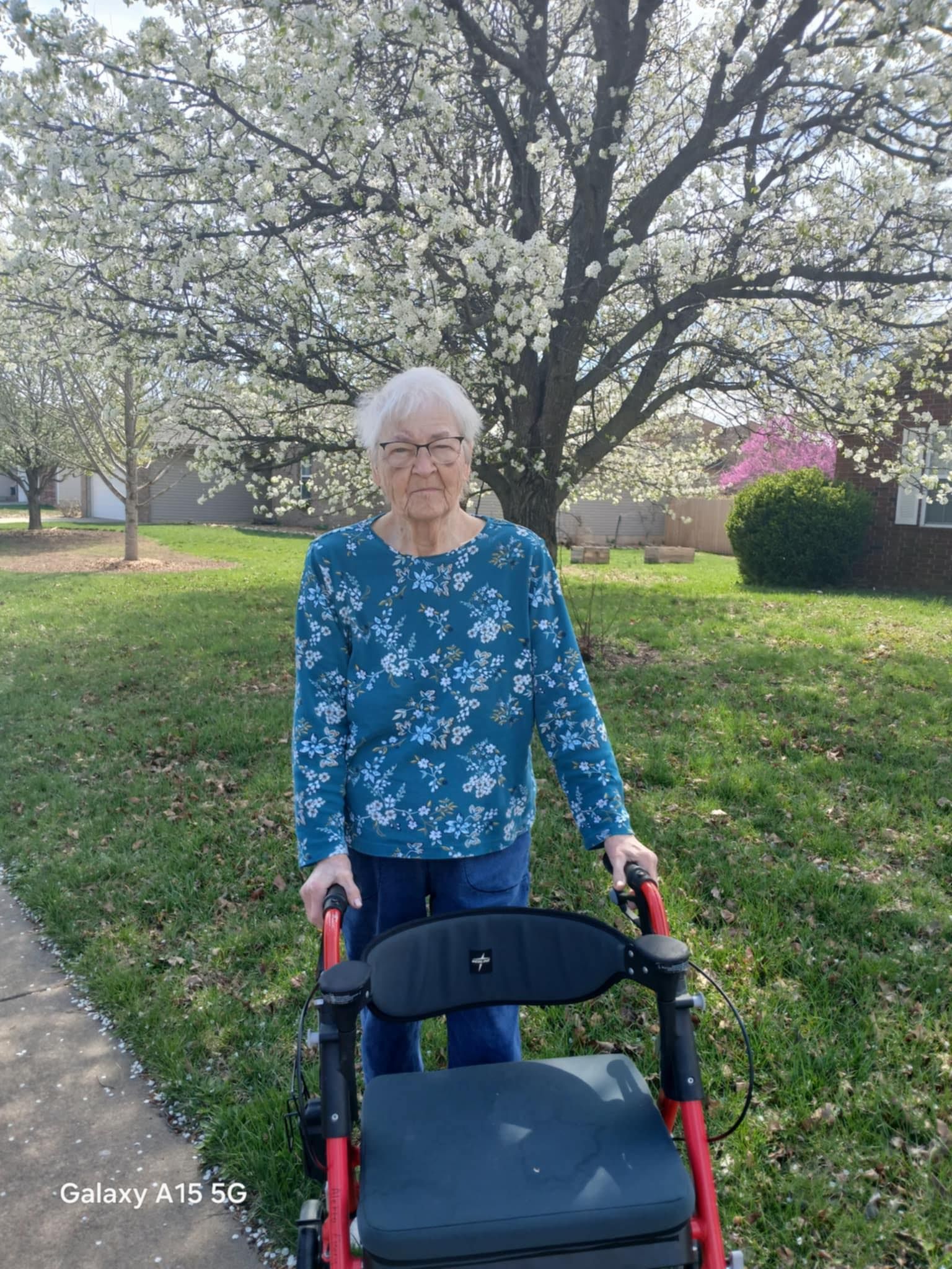 An elderly woman is walking with a walker in a park.