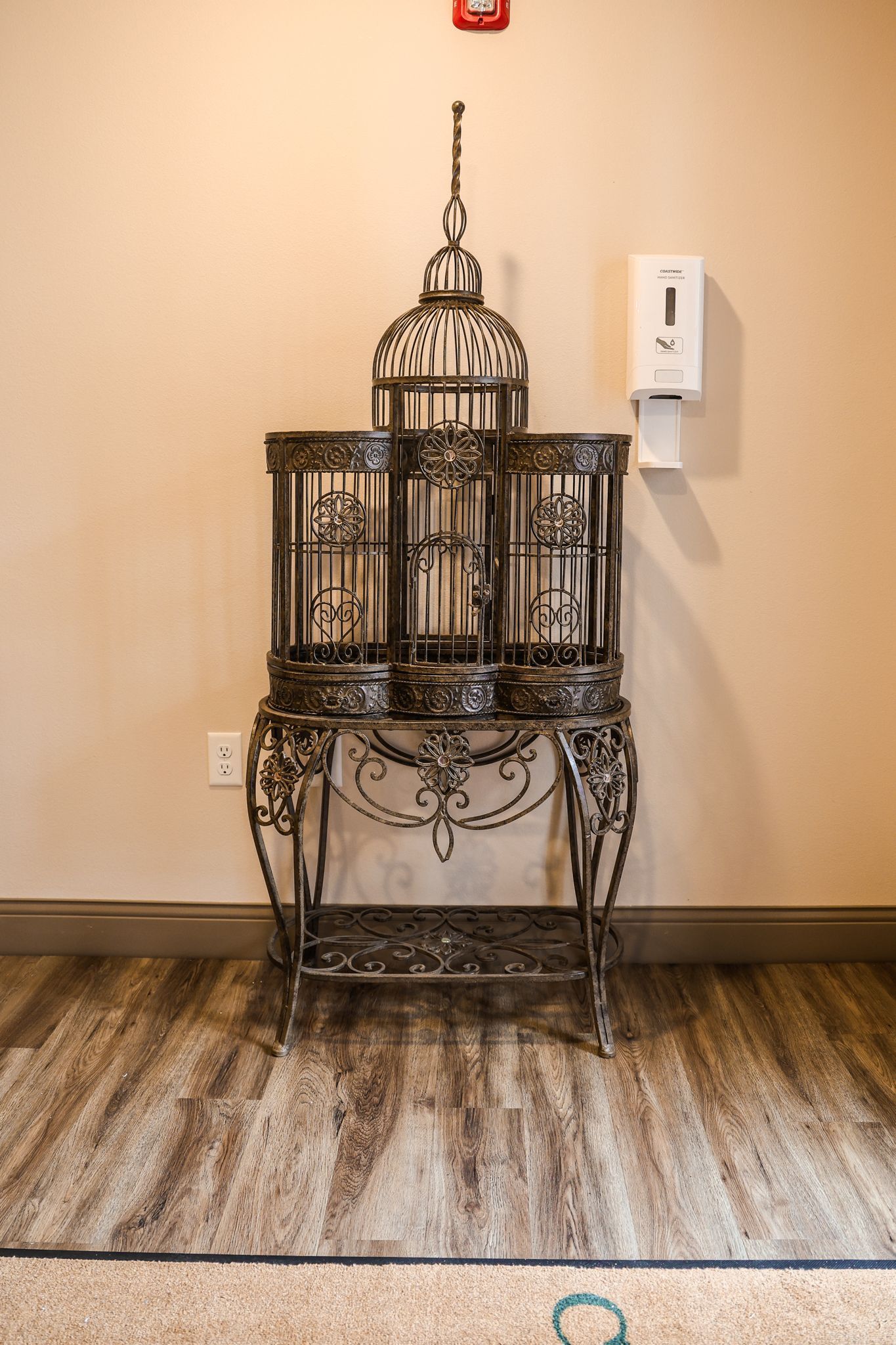 A bird cage is sitting on a table in a hallway.