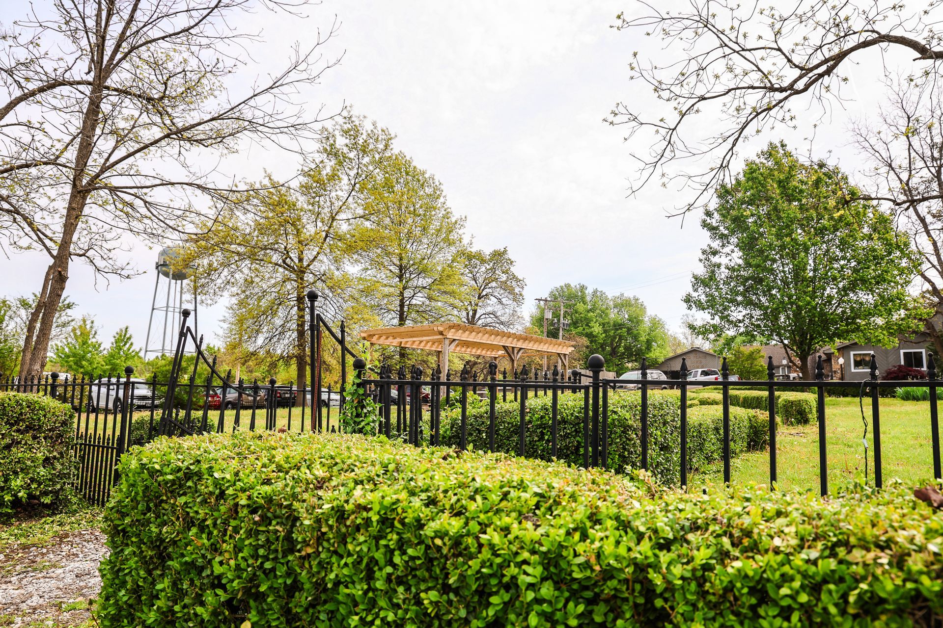 A black fence surrounds a grassy field with trees in the background.