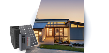 A picture of a house with a solar panel in front of it.