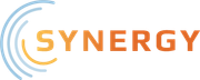 The synergy logo has a blue and orange circle around the word synergy.