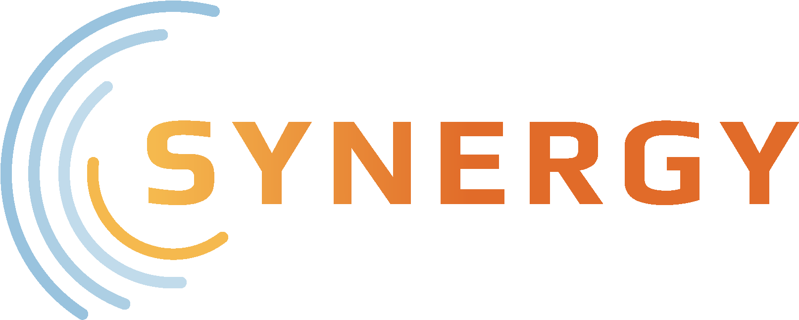 The synergy logo has a blue and orange circle around the word synergy.