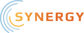 The synergy logo has a blue and orange circle around the word synergy.