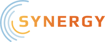 The synergy logo has a blue and orange circle around the word synergy.