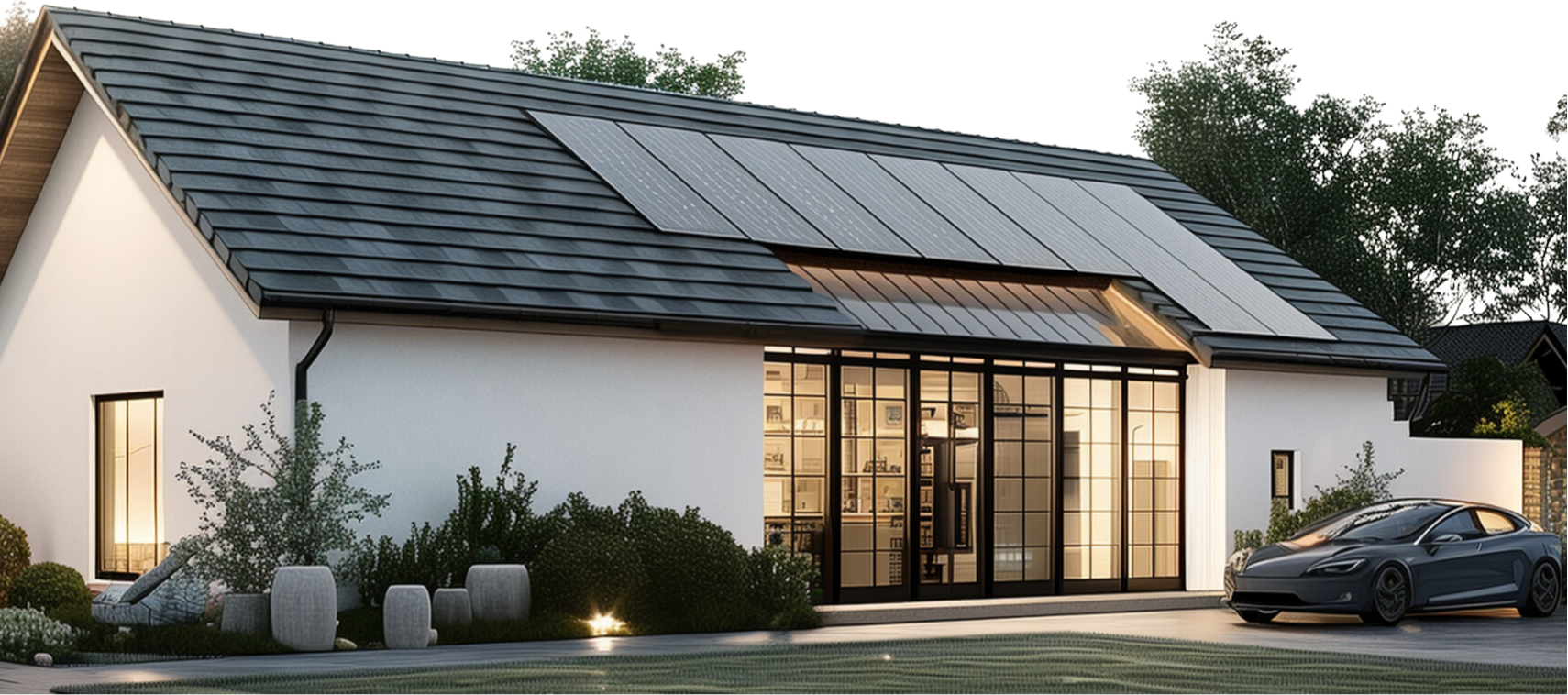 A white house with solar panels and a car parked in front of it