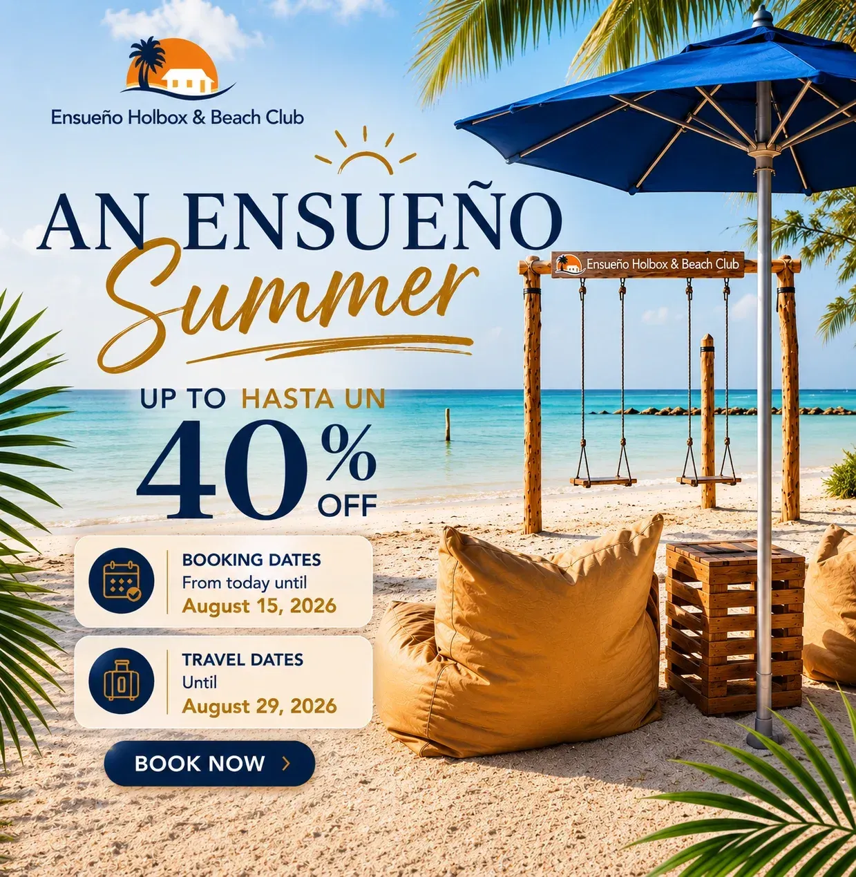 Hotel Ensueno Holbox sale ad: up to 45% off stays, book June 30–December 20, 2026.