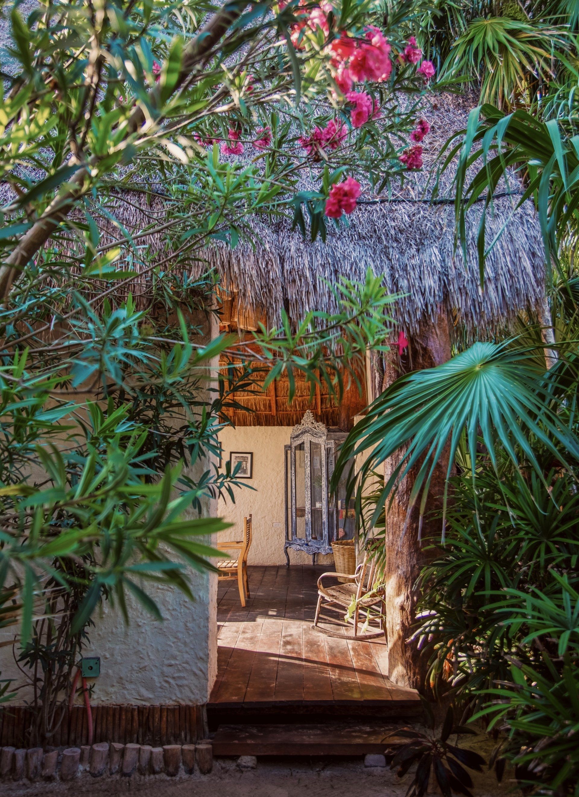 A house with a thatched roof is surrounded by trees and flowers.