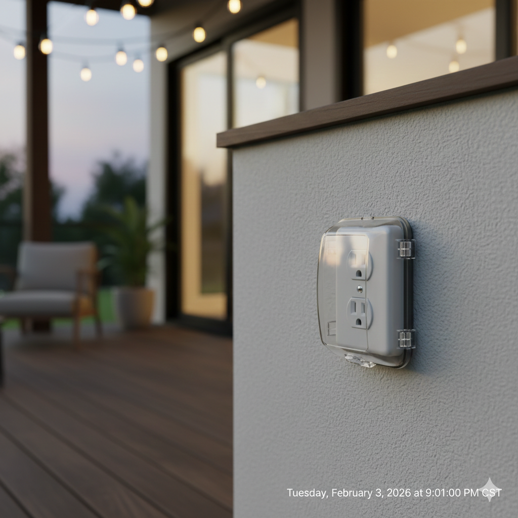Outdoor electrical outlet with a clear cover on a light gray stucco wall, near a deck.