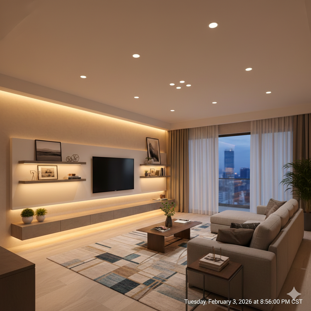 Modern living room with built-in TV, sectional sofa, and city view. Beige and gray color scheme.