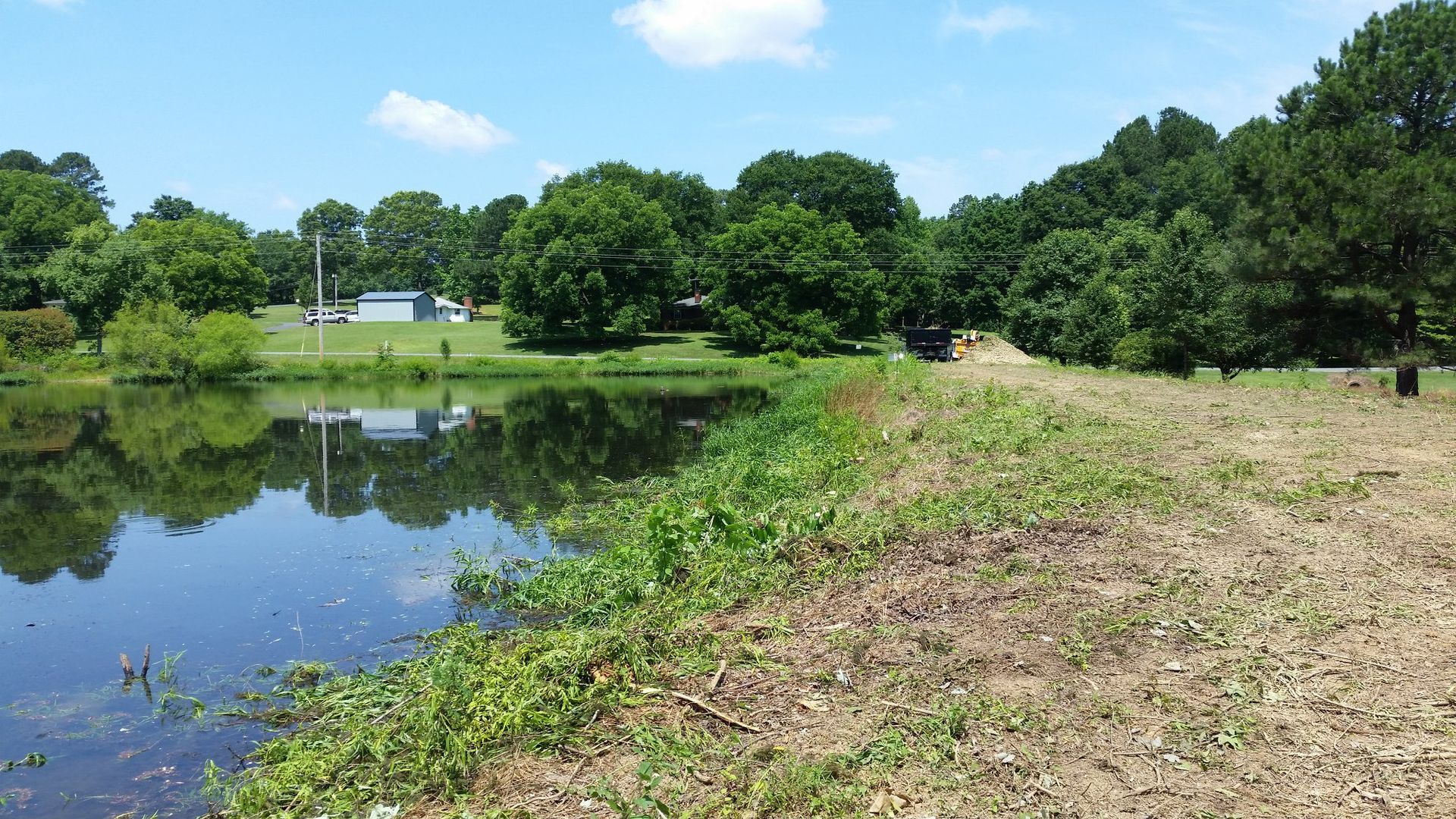 A large body of water surrounded by trees on a sunny day