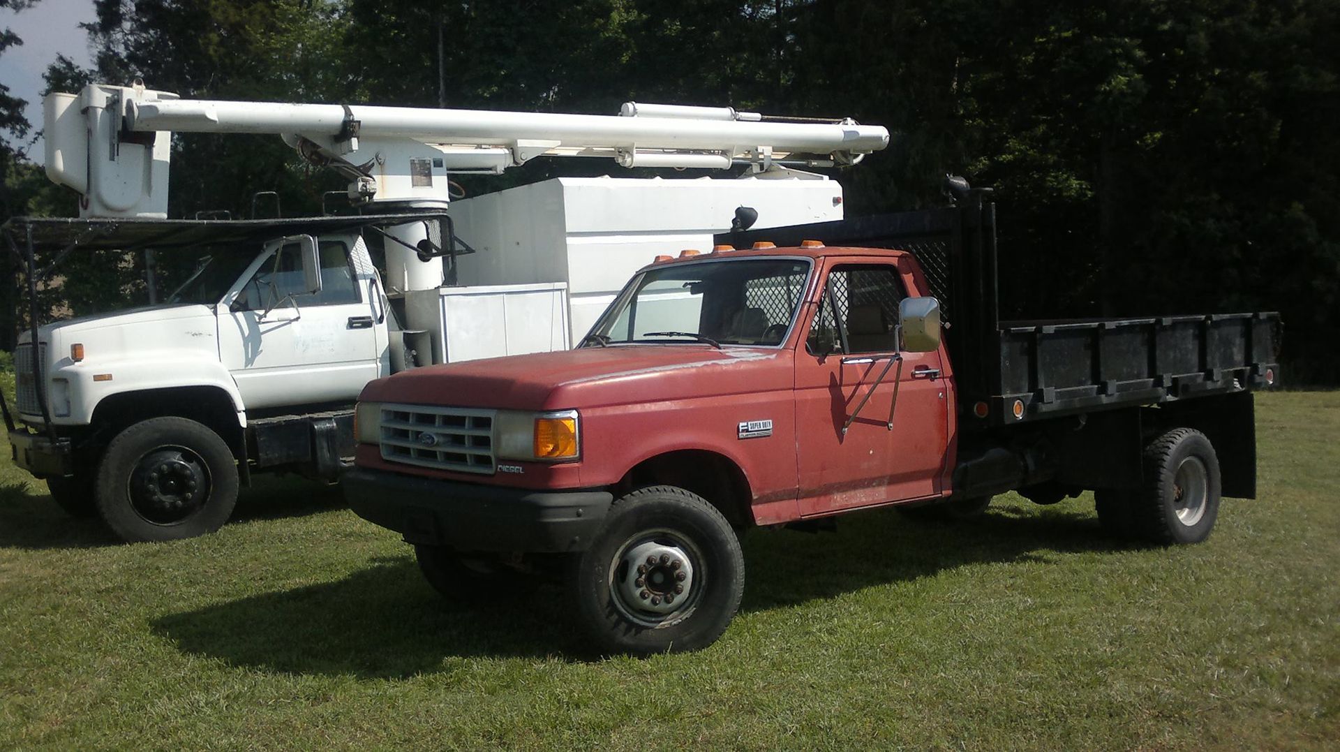Two trucks are parked next to each other in a grassy field