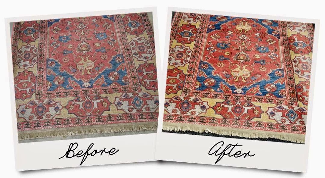 Two pictures of a rug before and after being cleaned.