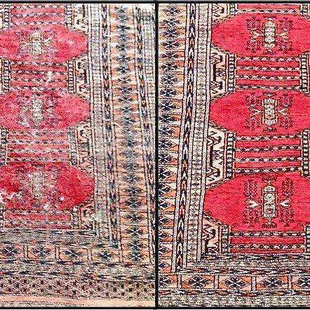 A before and after picture of a rug that has been cleaned.