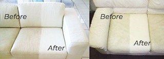 A before and after picture of a white couch.