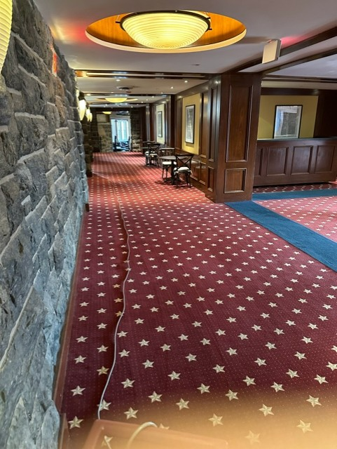 A long hallway with a red carpet and white stars