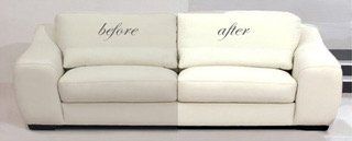A before and after picture of a white couch.