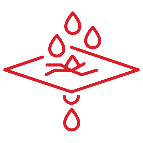 A red line icon of water drops falling on a surface.
