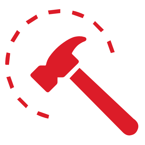 A red hammer is surrounded by circles on a white background.