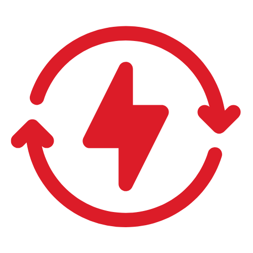 A red icon of a lightning bolt in a circle with two arrows.