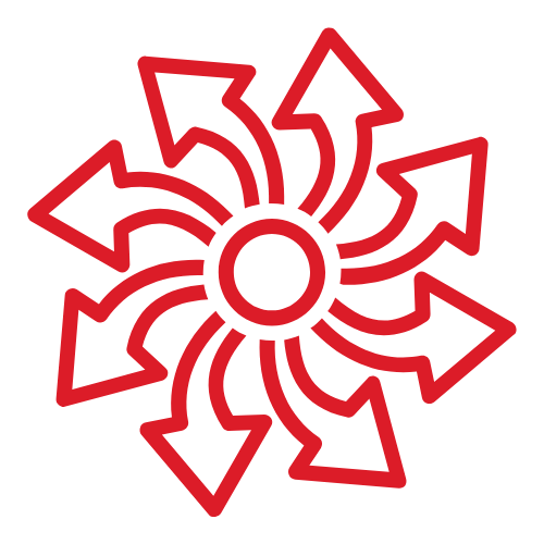 A red icon of arrows pointing in different directions around a center.