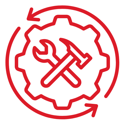 A red gear with a wrench and hammer inside of it.