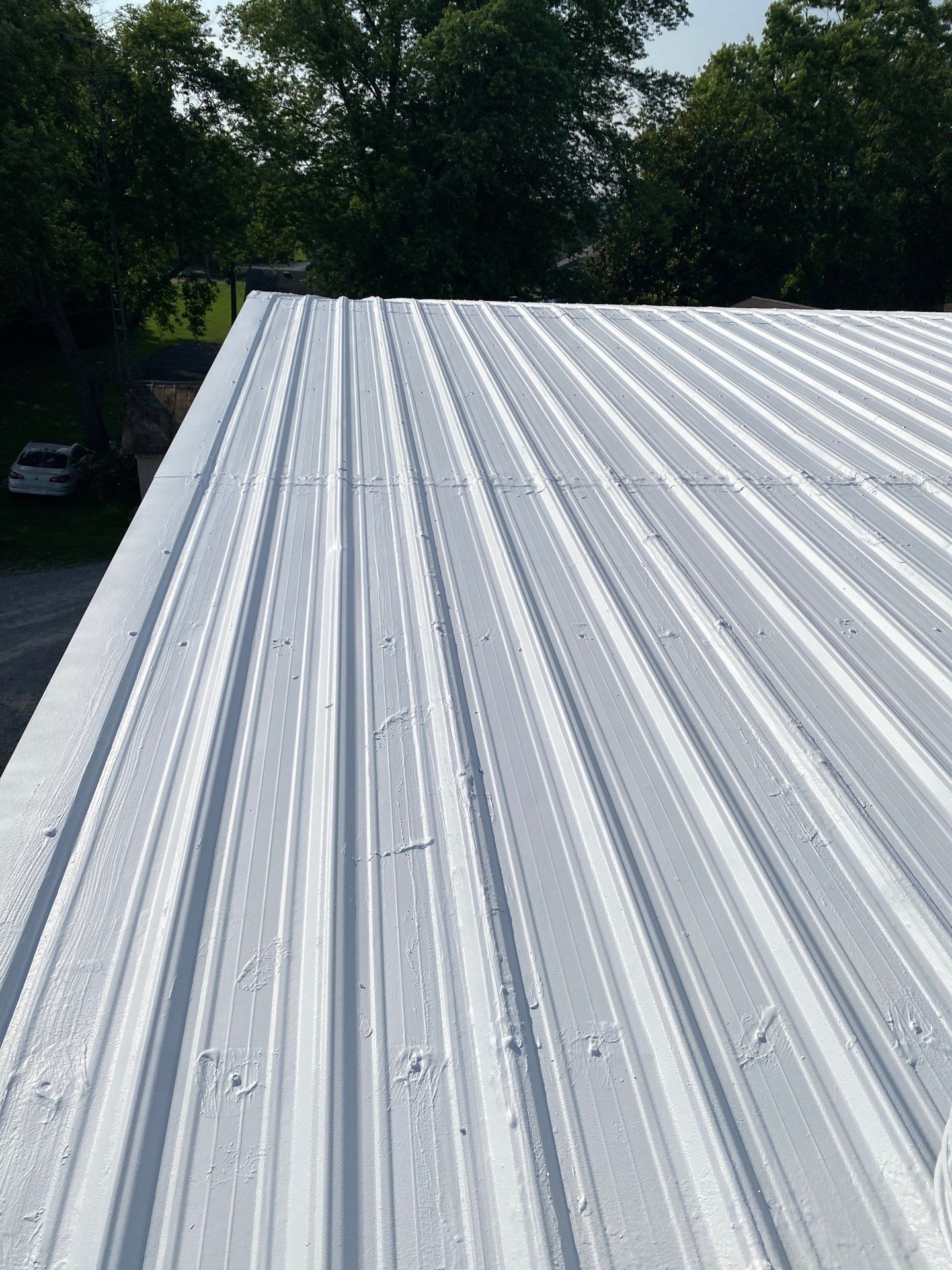A close up of a white metal roof with trees in the background.