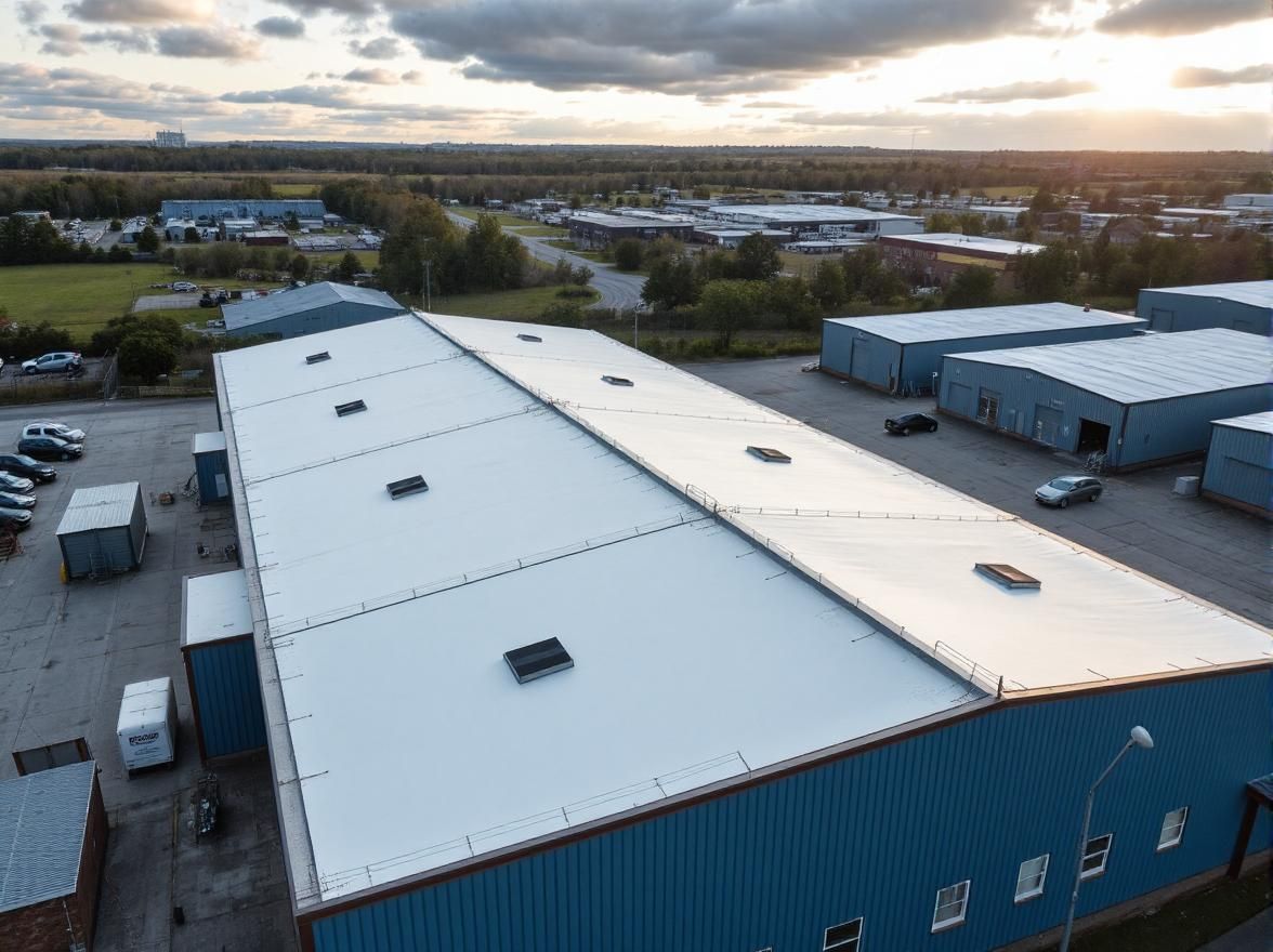 An aerial view of a large blue and white building with a white roof.