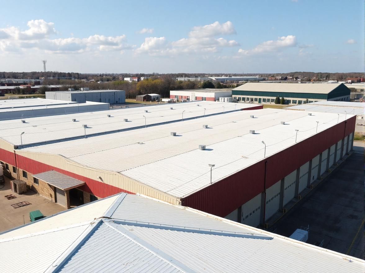 An aerial view of a large building with a white roof