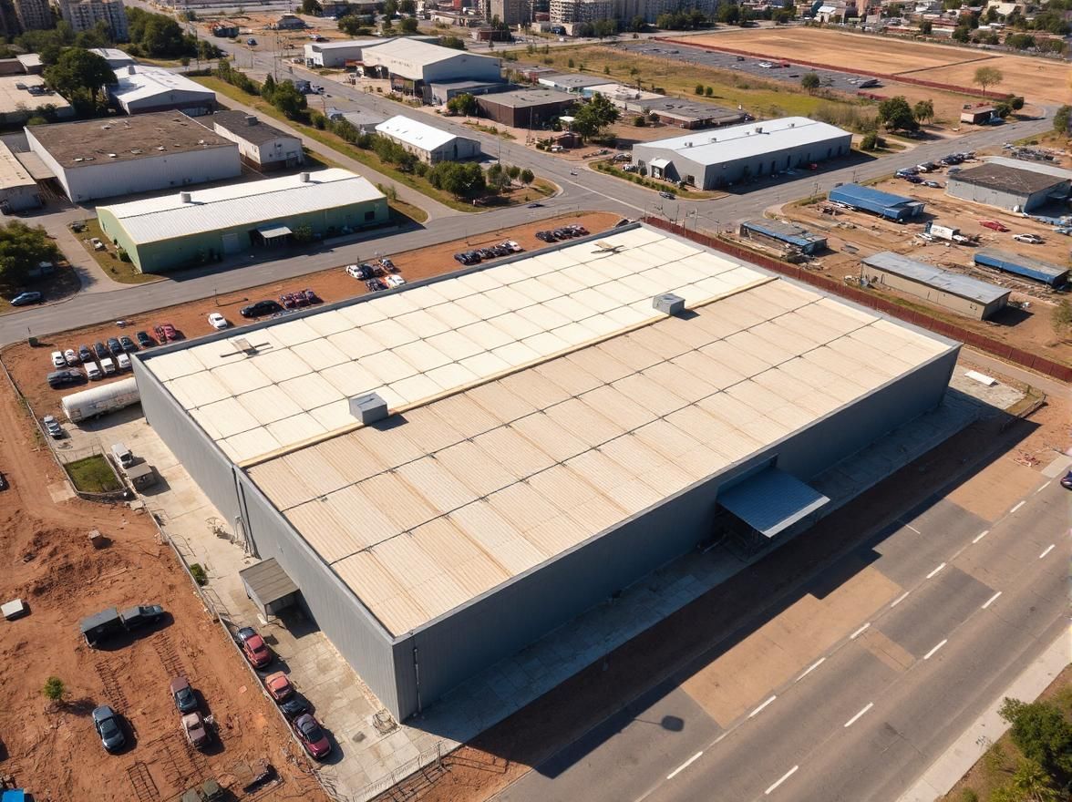 An aerial view of a large warehouse in a industrial area.