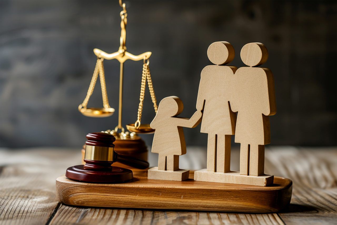 Figure of parents with children, scales and gavel on wooden table