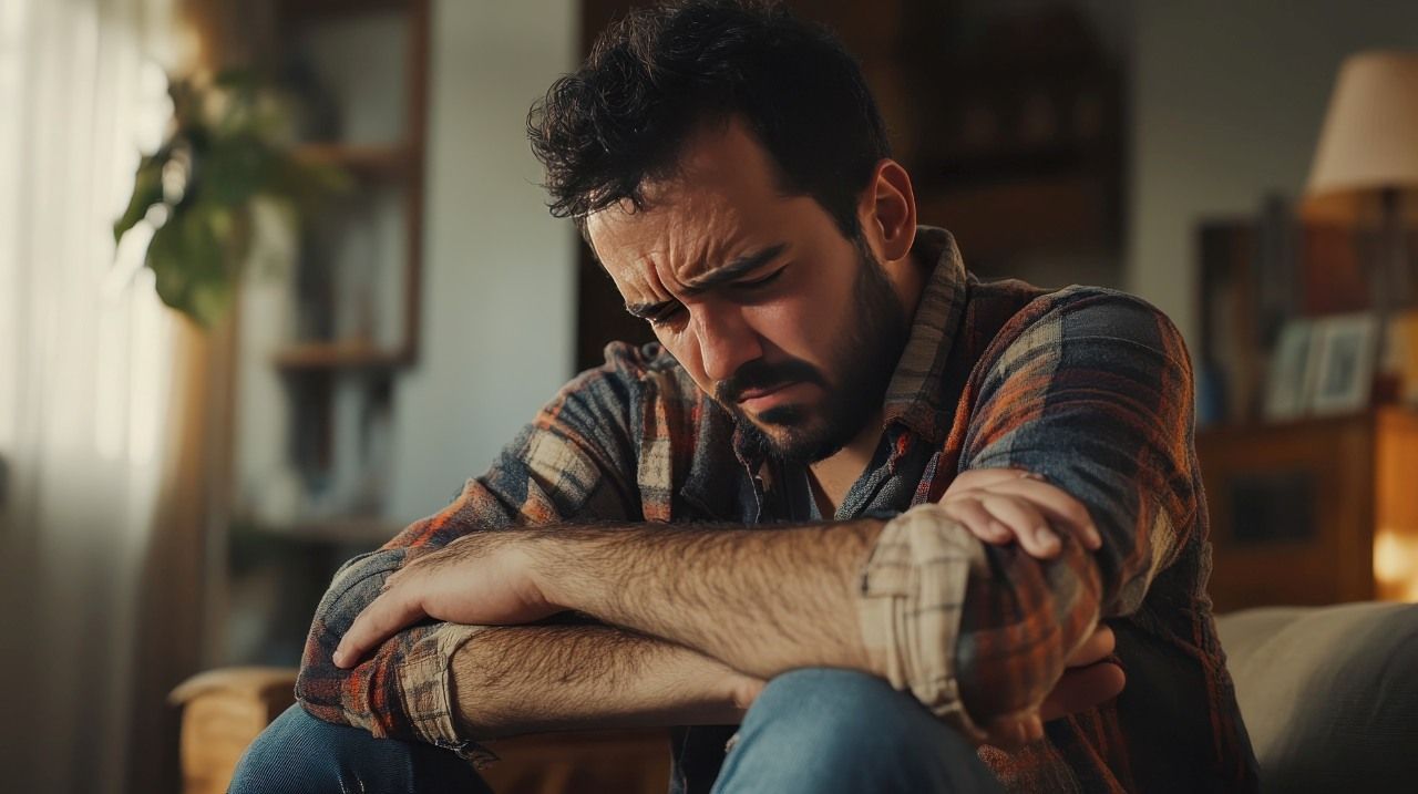 A man sits quietly on a couch, lost in deep thought and reflection