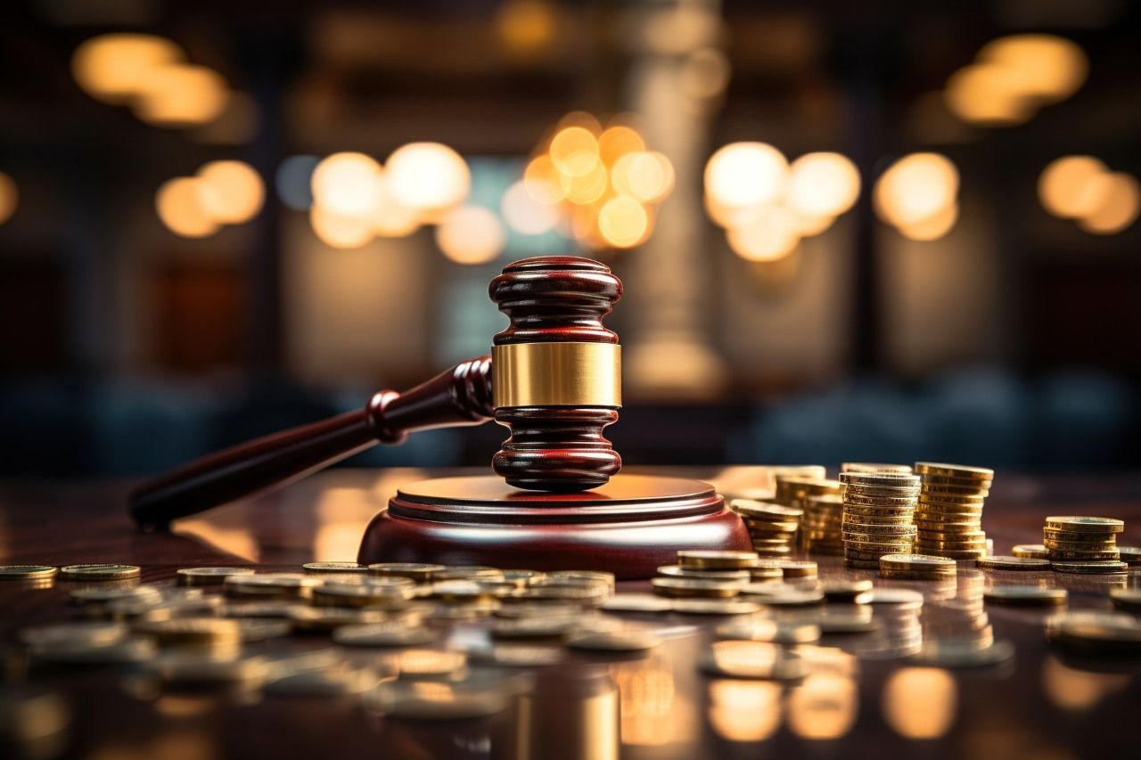Judicial gavel among coins on a blurred background