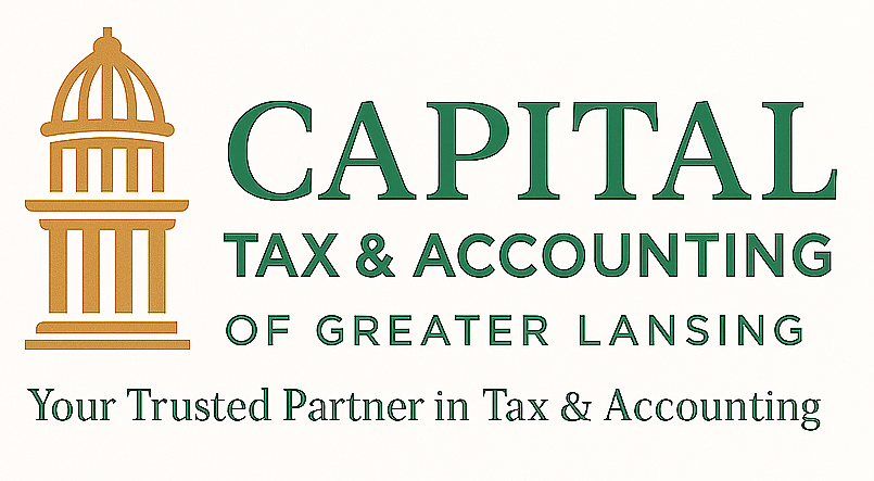 Capital Tax & Accounting logo: green text with gold capitol building. 