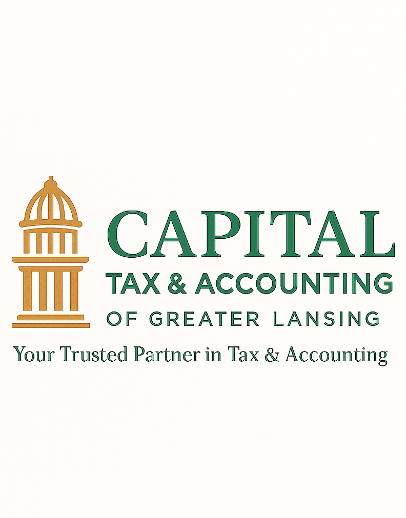 Capital Tax & Accounting of Greater Lansing logo with a building icon and green text on a white background.