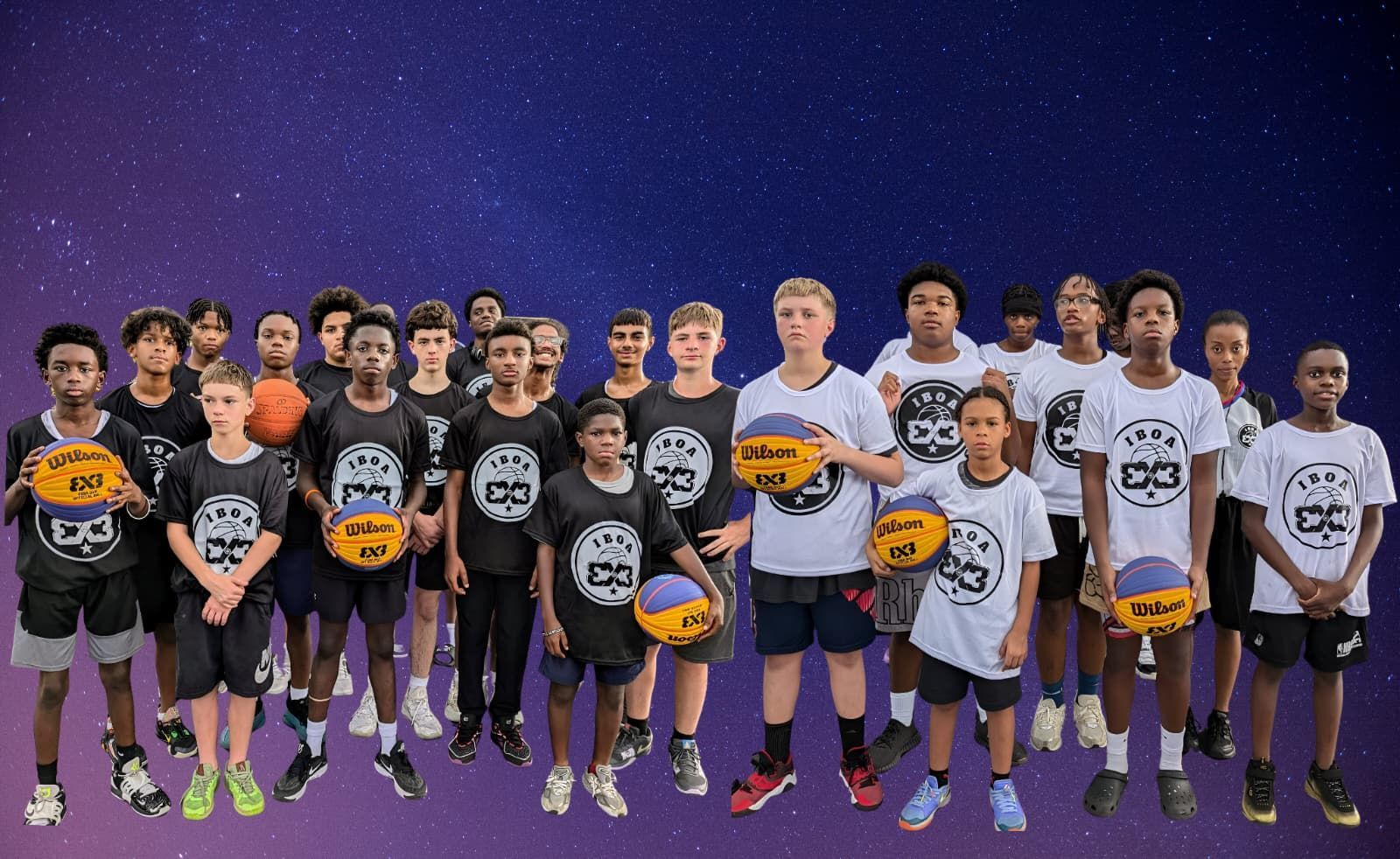 Group of IBOA 3x3 youth athletes holding 3x3 basketballs, representing the next generation of 3x3 players in Philly.