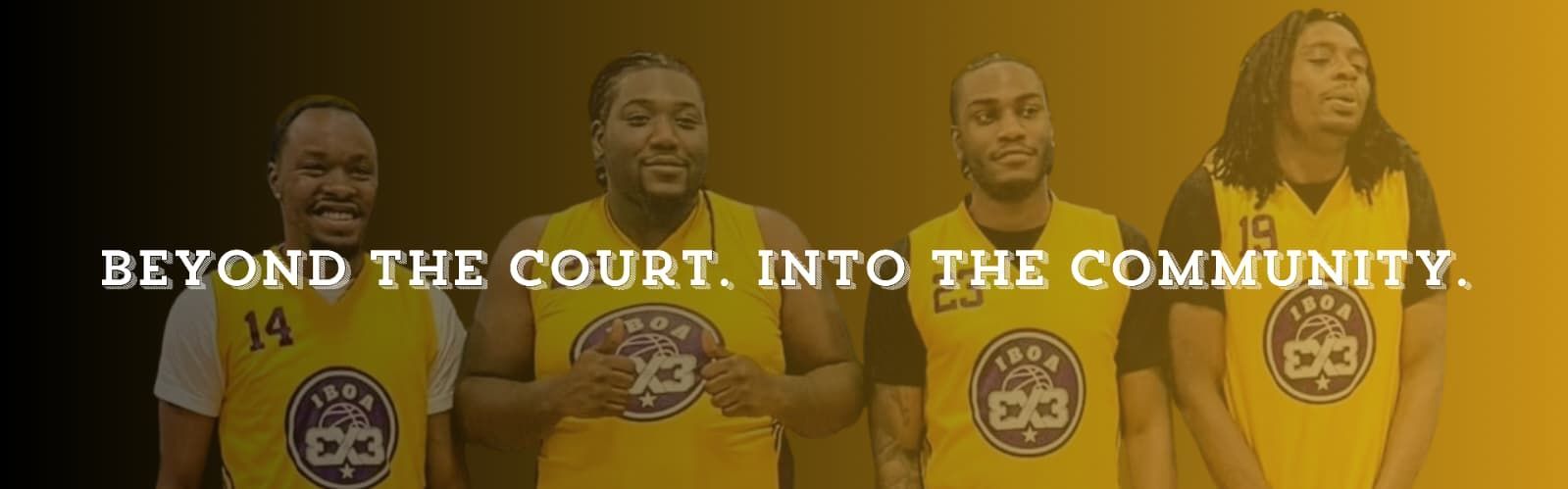 IBOA 3x3 athletes standing in gold uniform under the message 