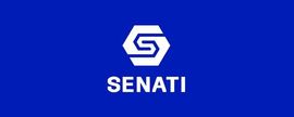 El logotipo blanco y el texto "SENATI" centrados sobre un fondo azul sólido.