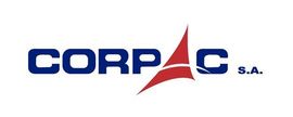 El logotipo de CORPAC SA presenta letras en negrita de color azul oscuro y un símbolo triangular rojo