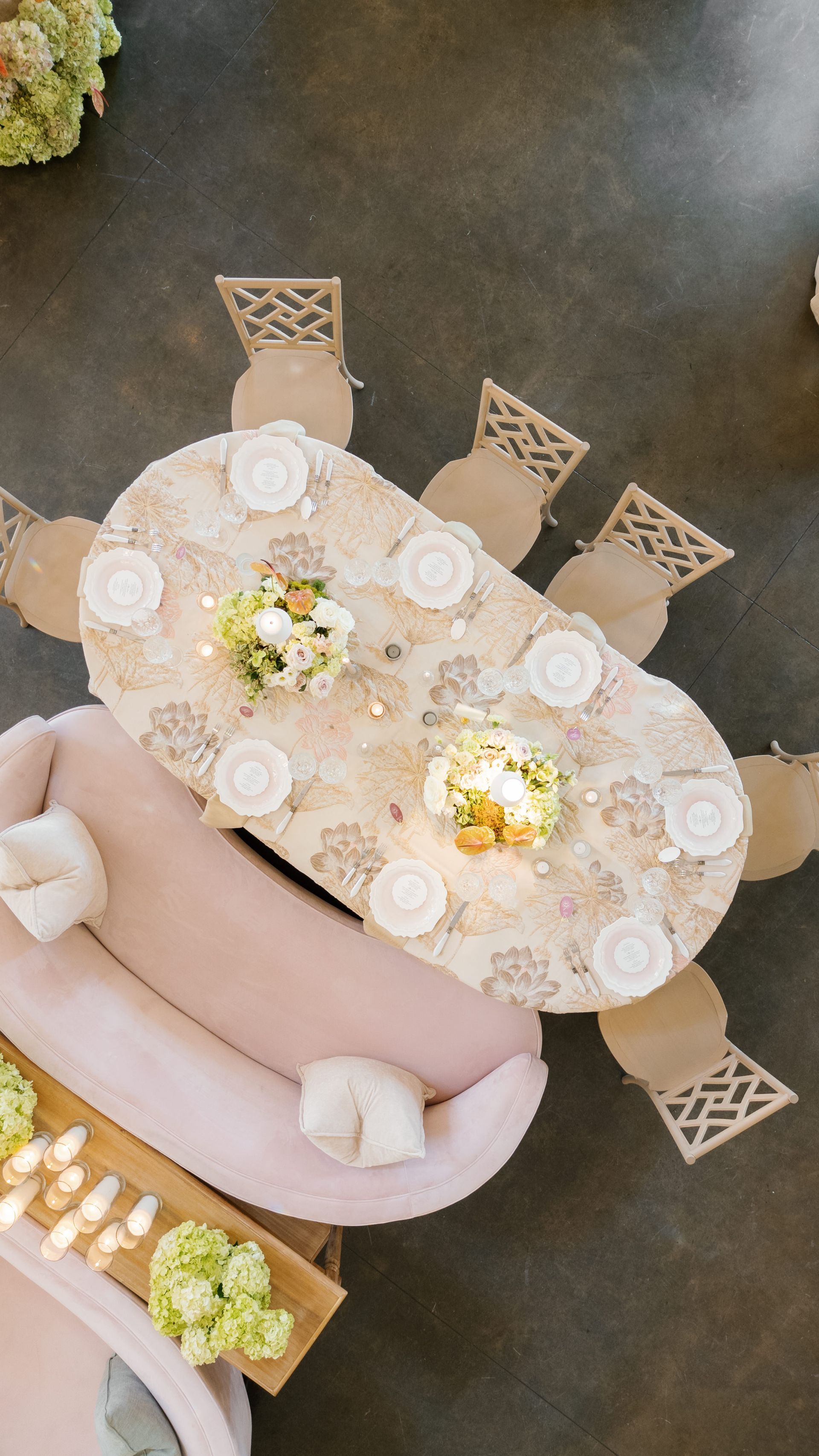 Arial Tablescape shot of a pink and green hydrangea heavy design at The Merrimon-Wynne House, a wedding venue in Raleigh, NC