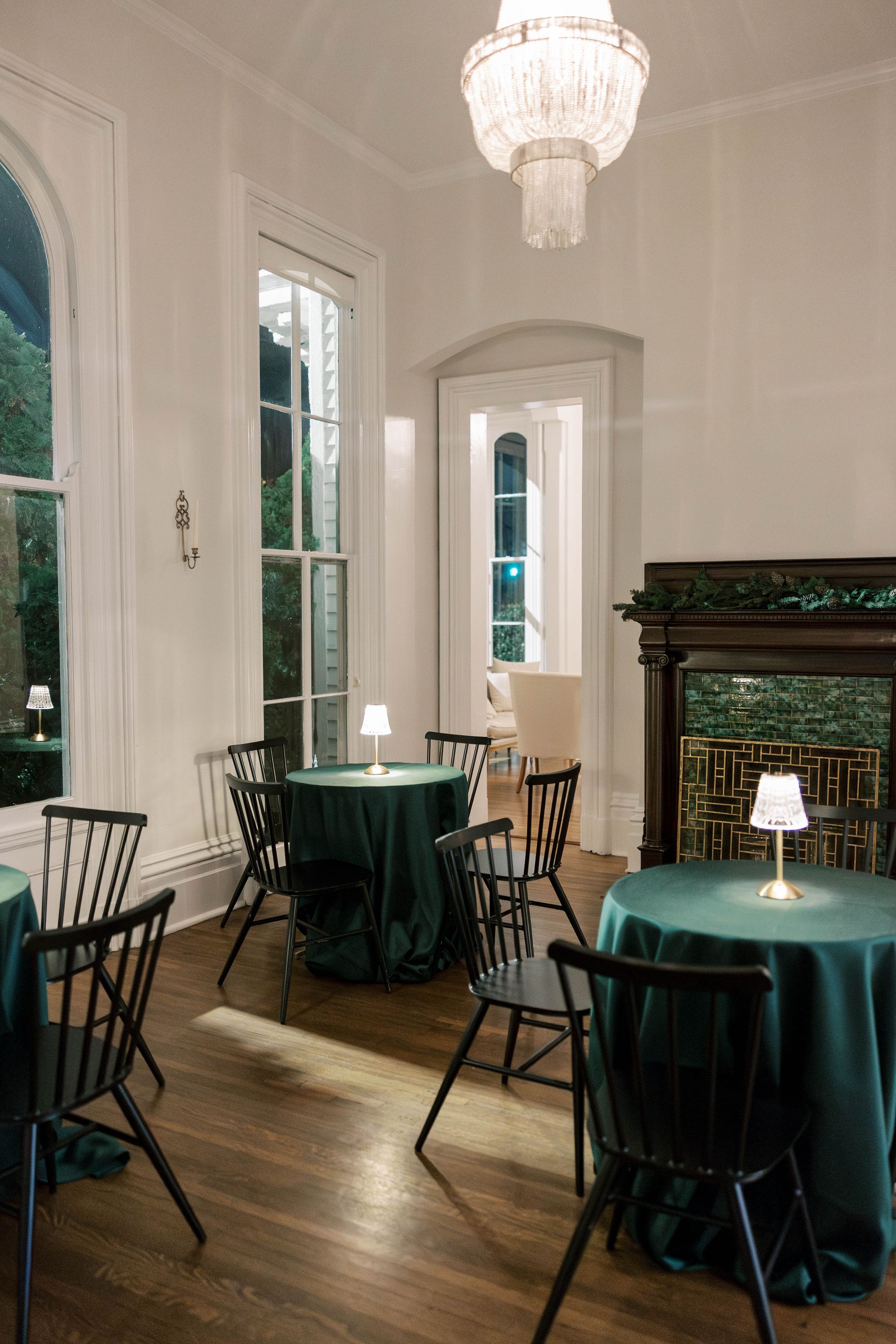Corporate Event Holiday Party at The Merrimon-Wynne House in Raleigh, NC. Seating area for guets in the main house.