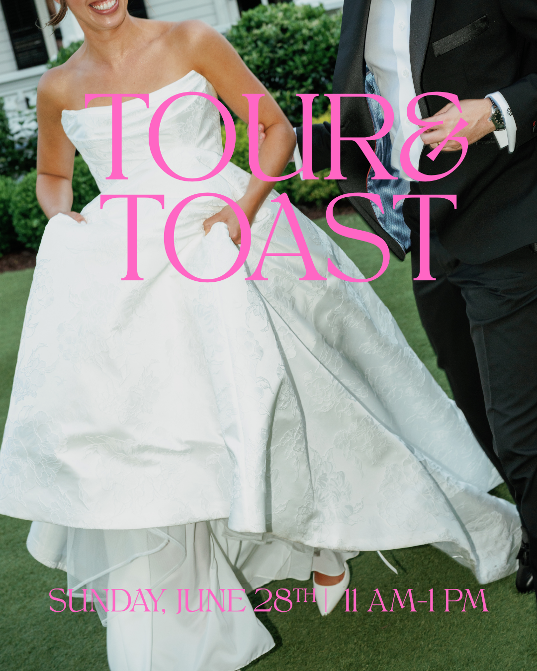 Wedding invitation cover with a bride and groom, pink text reading “TOUR & TOAST,” in a garden setting.