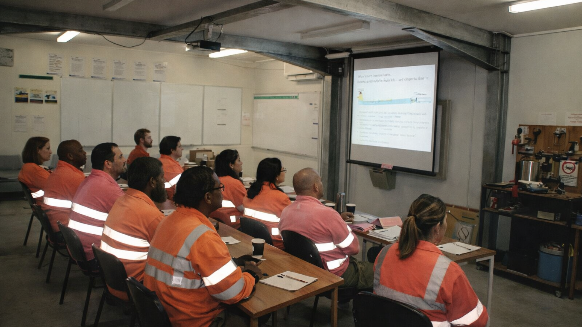 People in orange uniforms attend a training session in a classroom, looking at a projector screen.