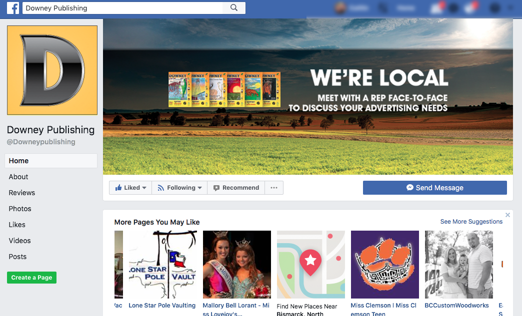 Facebook Business Page for Downey Publishing