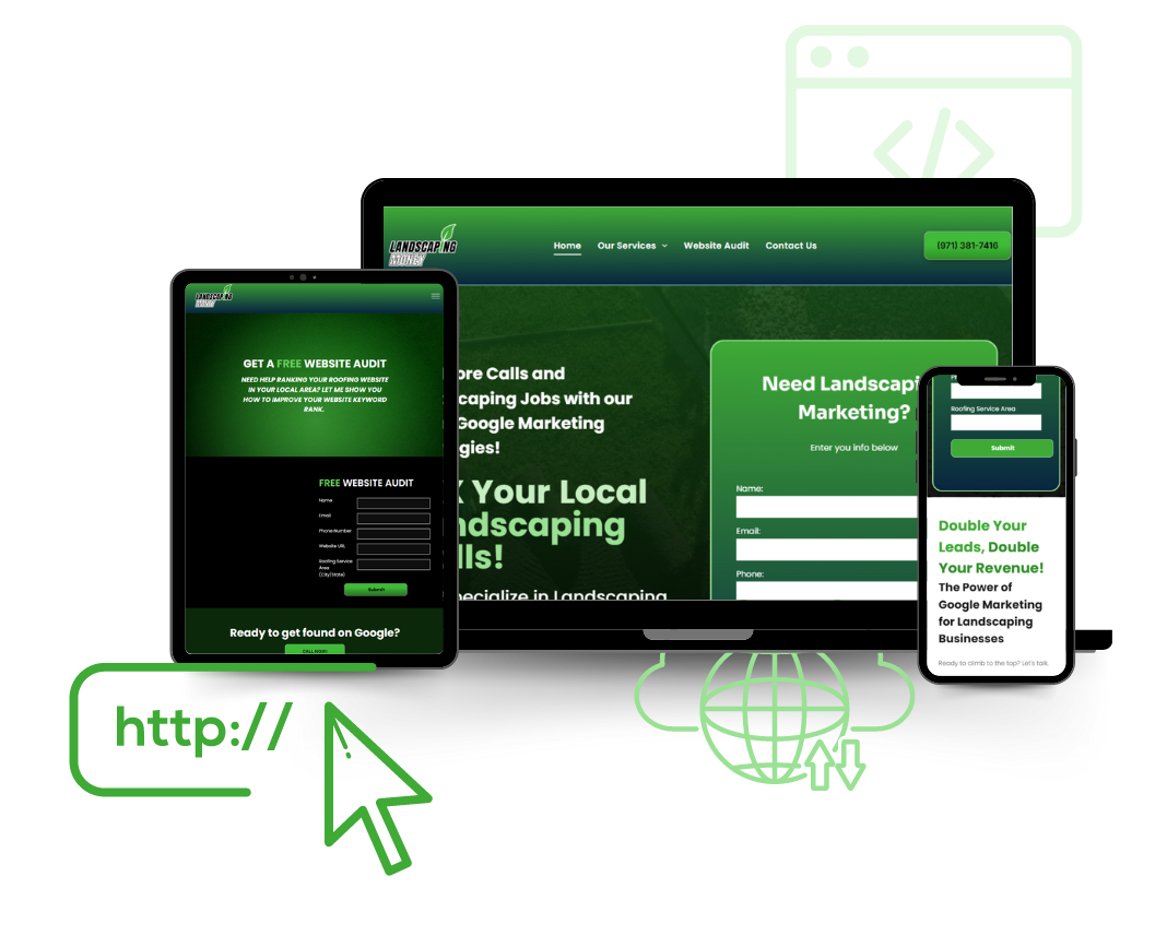 Landscaping Money website homepage displayed on desktop, tablet, and smartphone, showcasing responsive web design for landscaping services.Landscaping money 