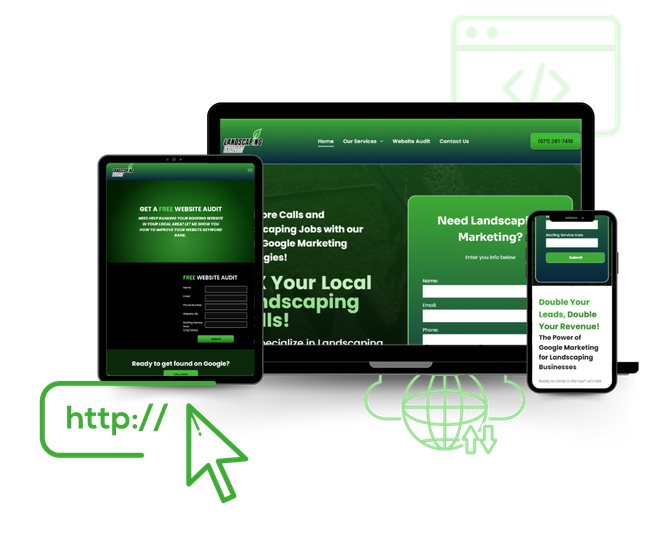 Landscaping Money website homepage displayed on desktop, tablet, and smartphone, showcasing responsive web design for landscaping services.
