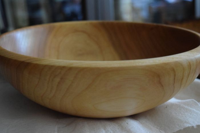 One of Sanderson's wooden bowls sitting on a table in Vermont.