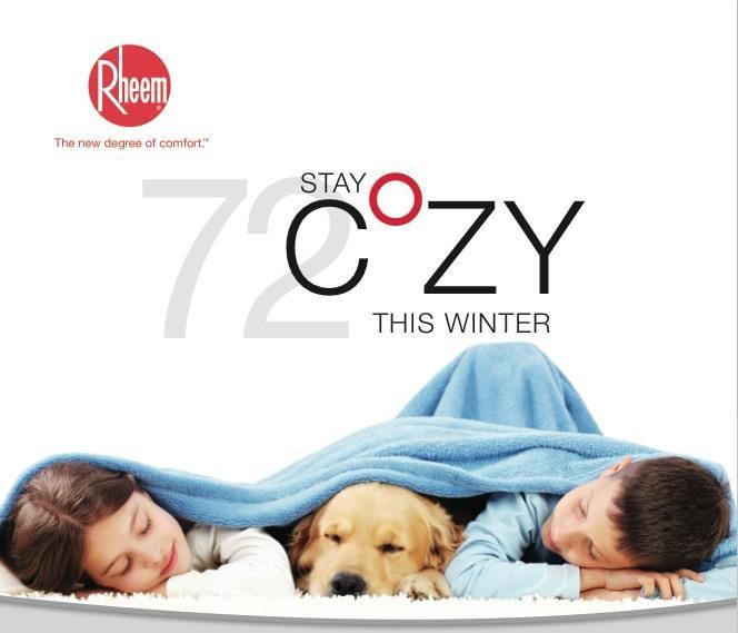 Two children and a dog laying under a blanket with the words stay cozy this winter