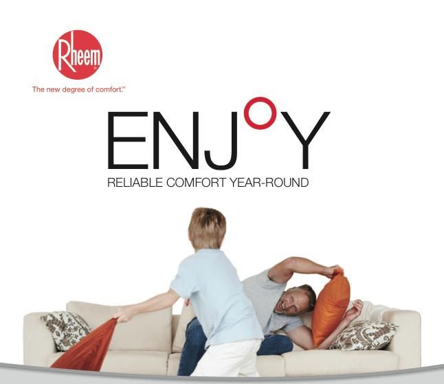 A man and a woman are playing with pillows on a couch with the words enjoy on the bottom
