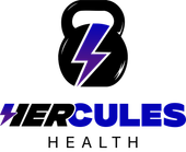 The logo for hercules health is a kettlebell with a lightning bolt on it.