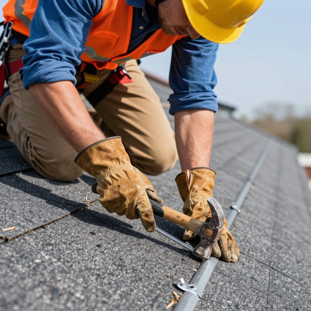 A construction worker wearing a yellow hard hat and safety gear uses a hammer to install roofing components.